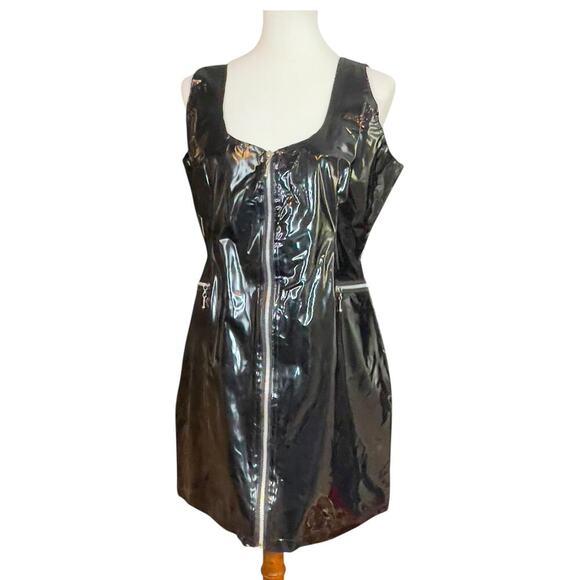Vintage 90s Vinyl PVC Wet Look Goth Zip Front Black Mini Dress Size 16 NWT - Picture 14 of 15
